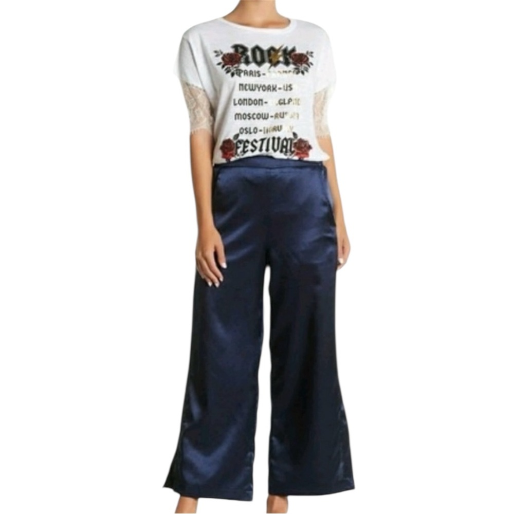 NWT Know One Cares Nordstrom Navy Satin Wide Leg Pants